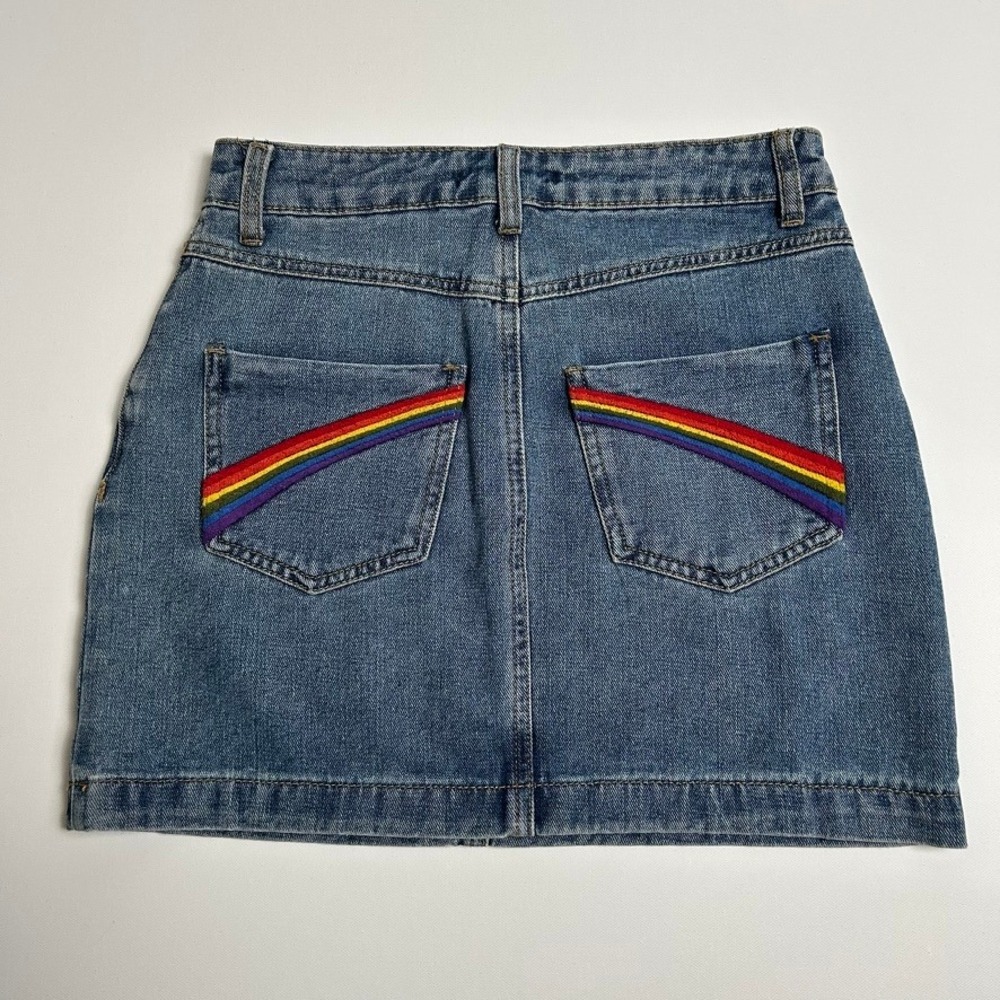 Denim Mini Skirt Rainbow Embroidered Pockets Button Front S Pride Multicolor 90s